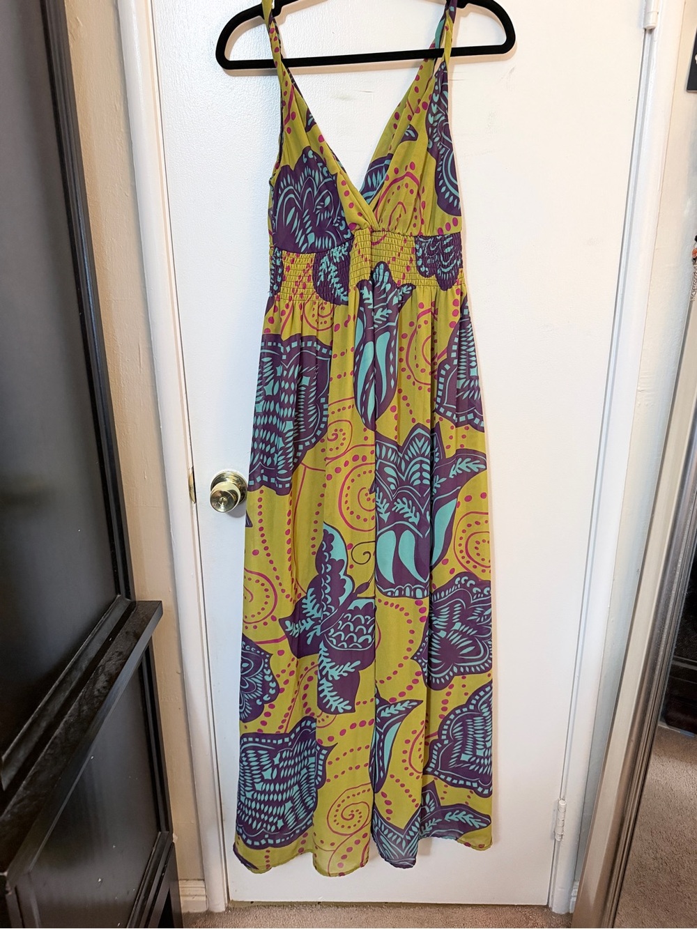 Aryeh Yellow Maxi Dress with Teal and Purple Print